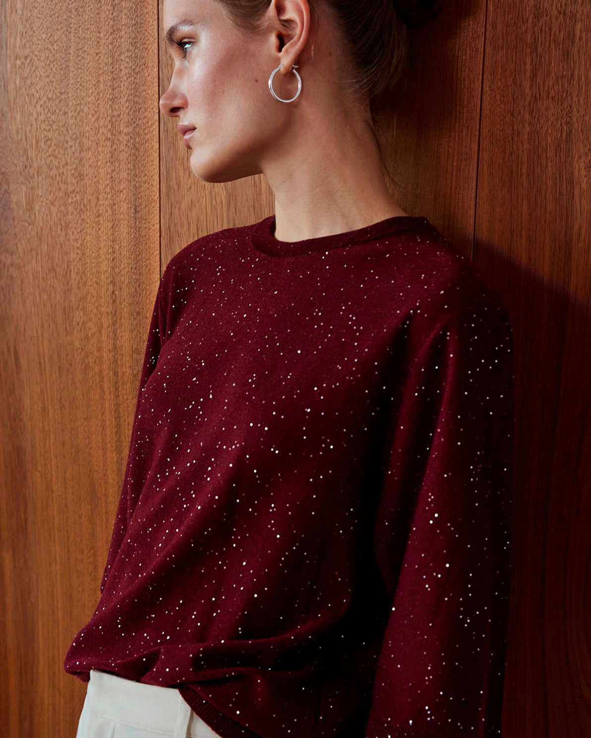 Maroon French-sleeve sweater sequins