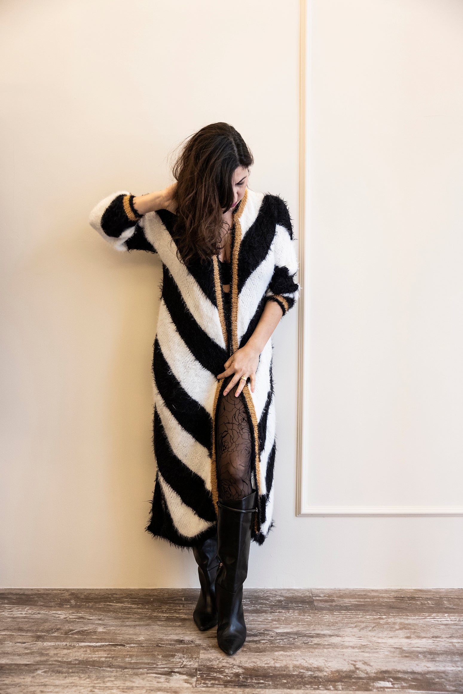 Black Hand-Knitted Chevron Maxi Coat