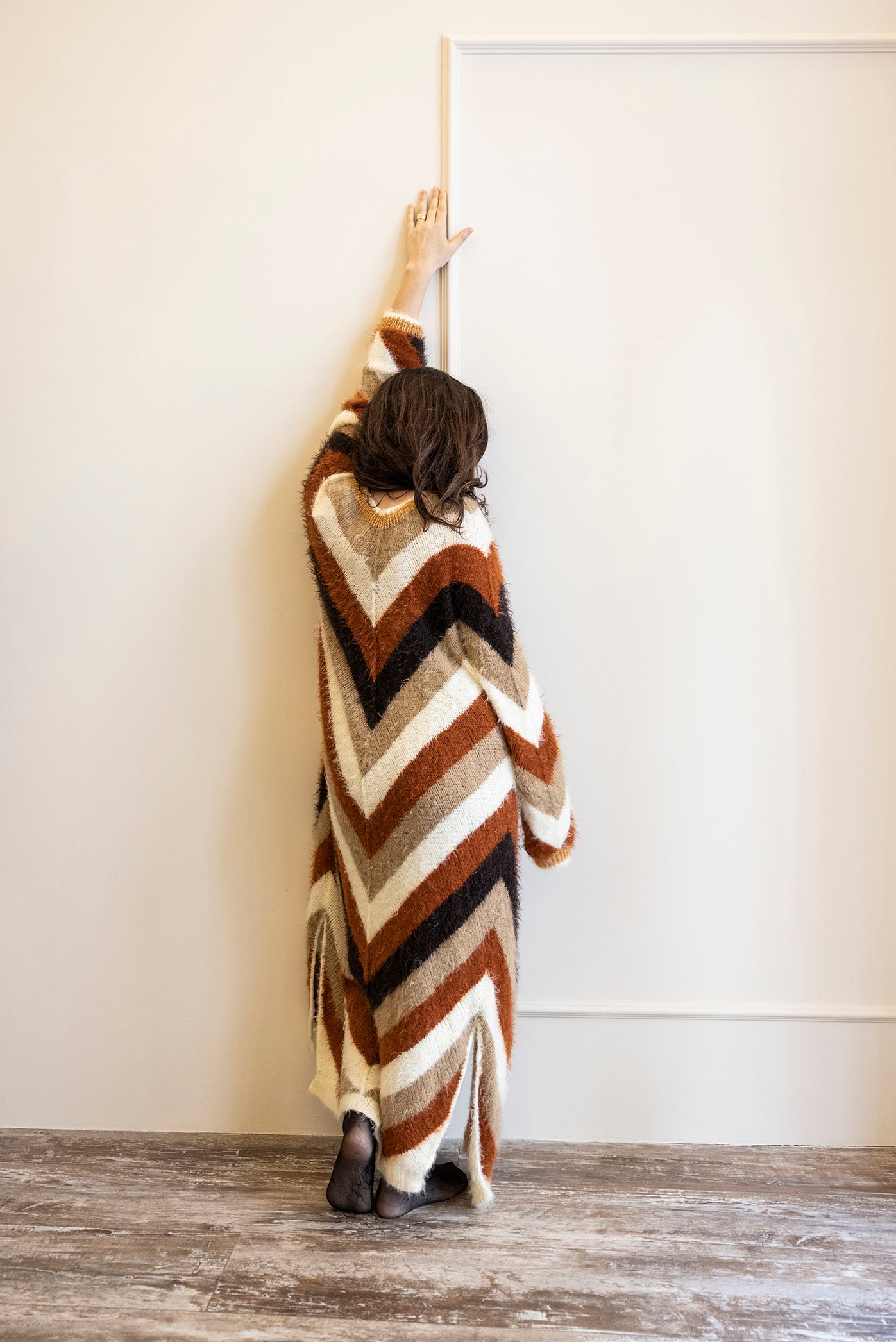 Earthy Hand-Knitted Chevron Maxi Coat