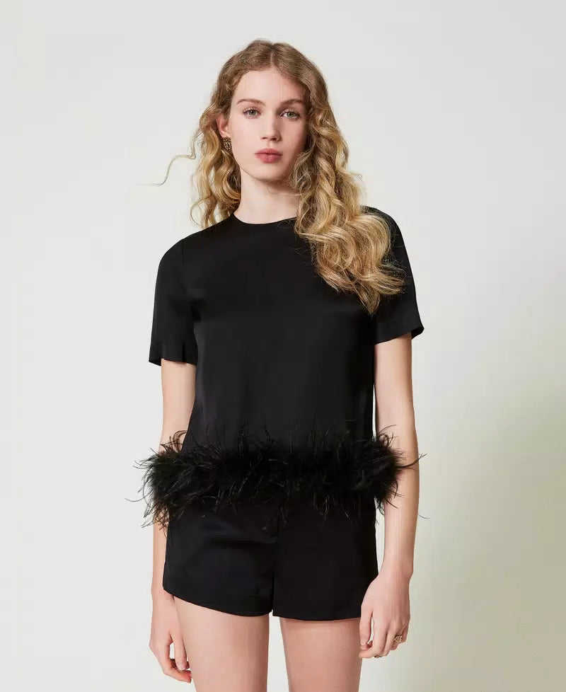 Satin blouse with feathers