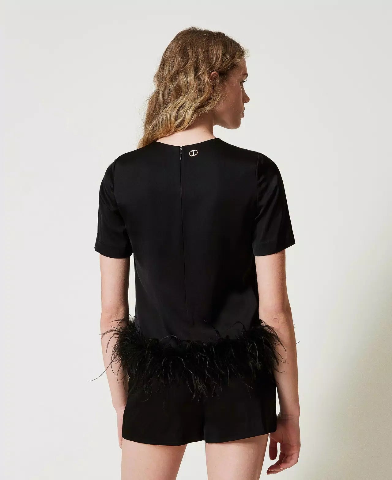 Satin blouse with feathers