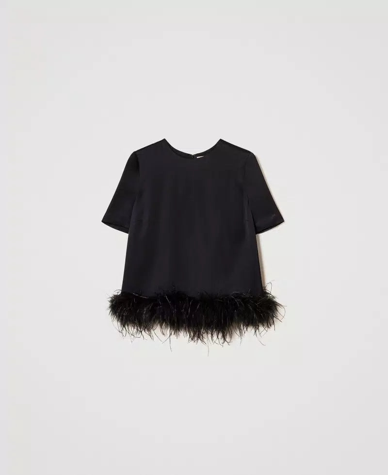 Satin blouse with feathers