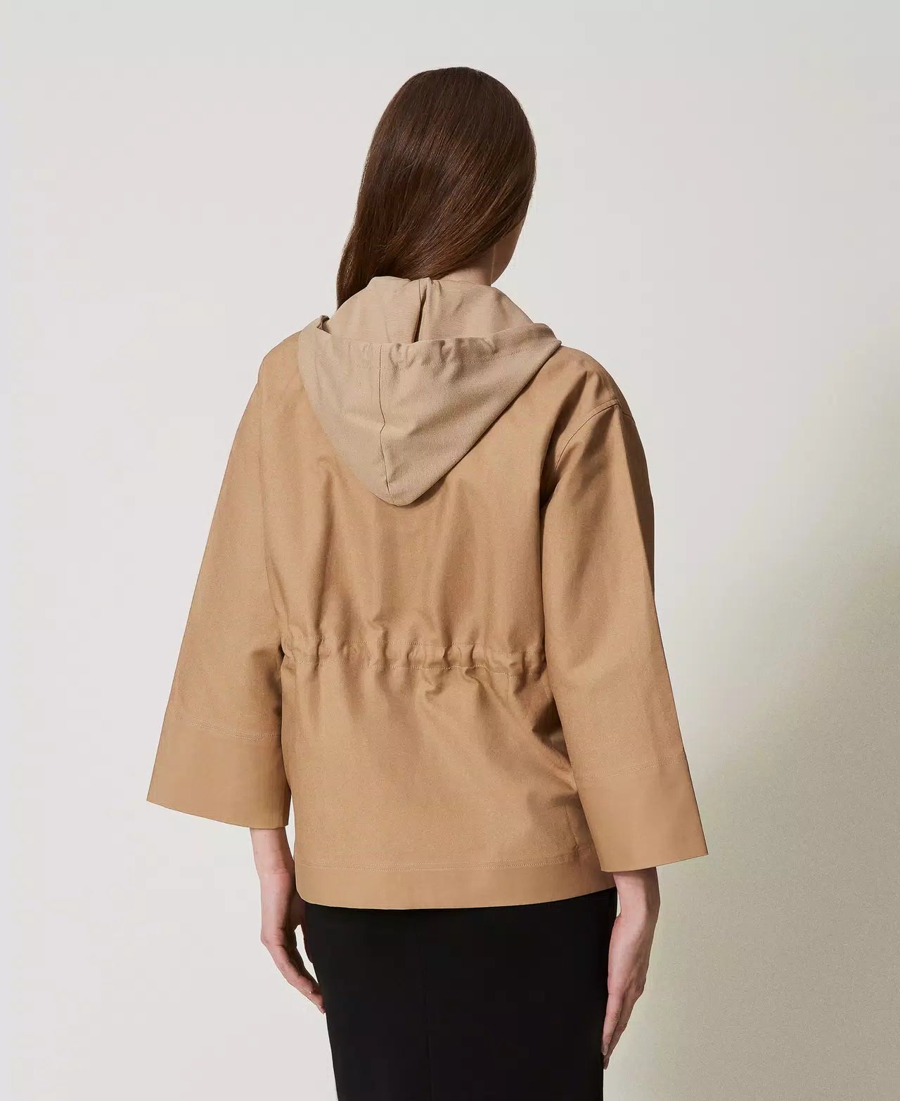 Caban jacket with hood and drawstring