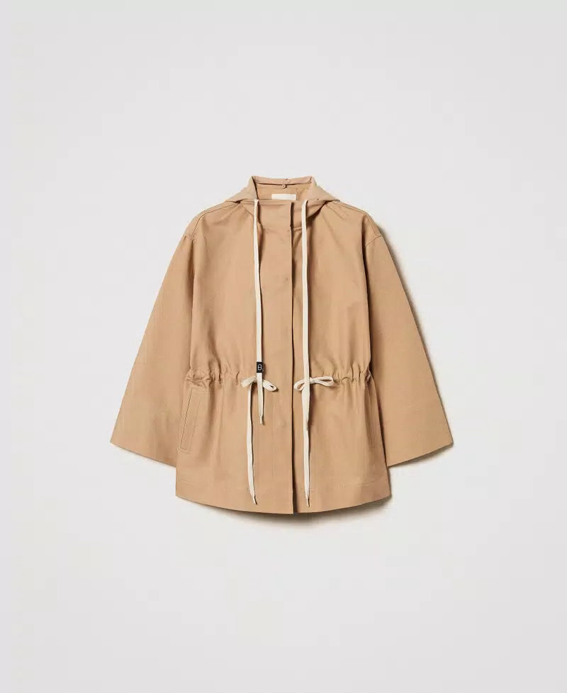 Caban jacket with hood and drawstring