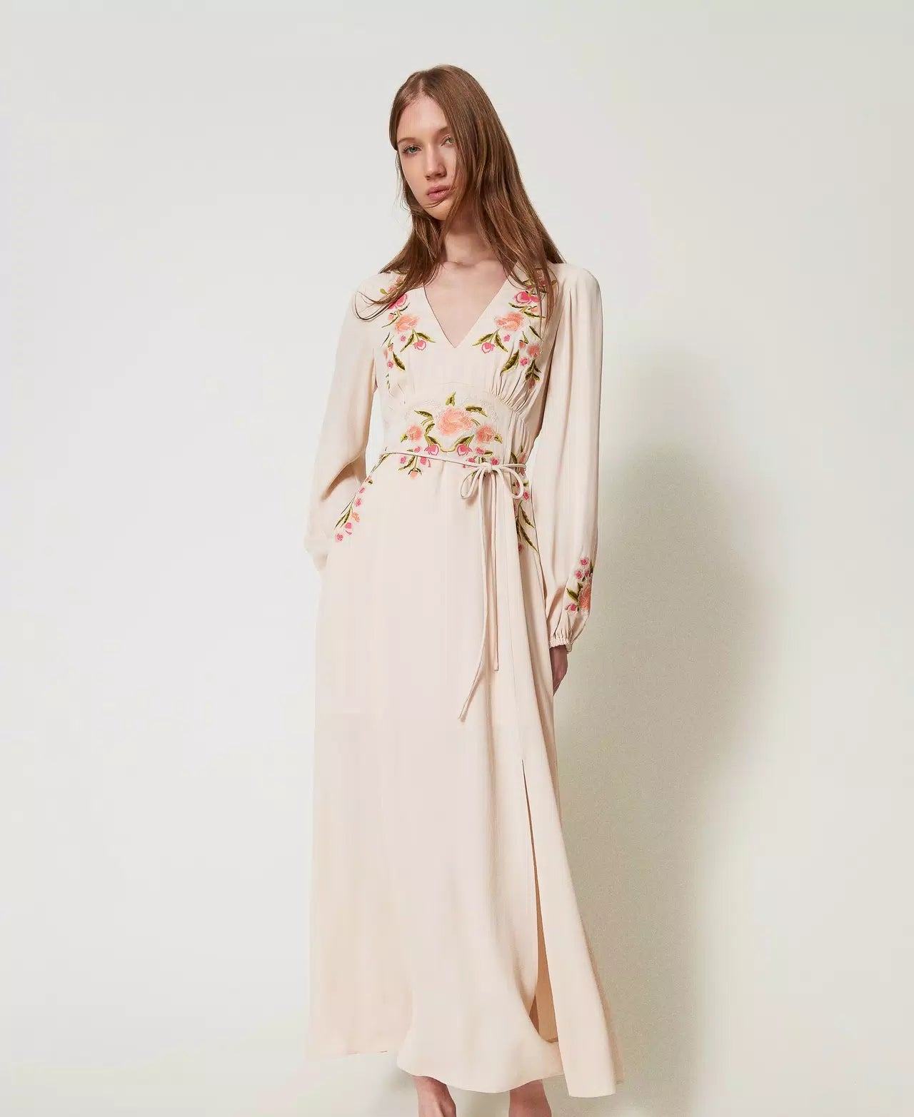 Long dress with floral embroidery