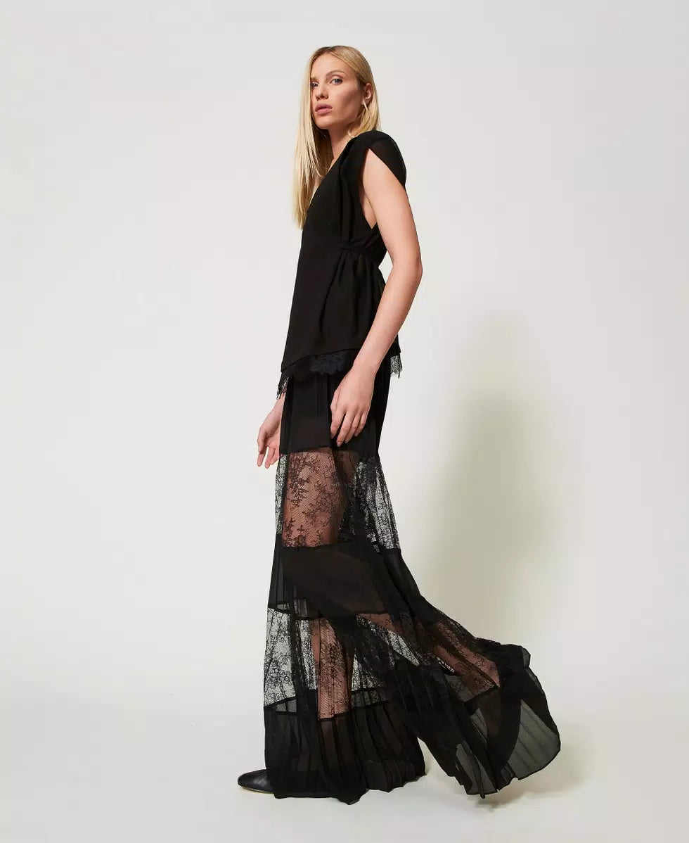 Pleated georgette trousers with lace