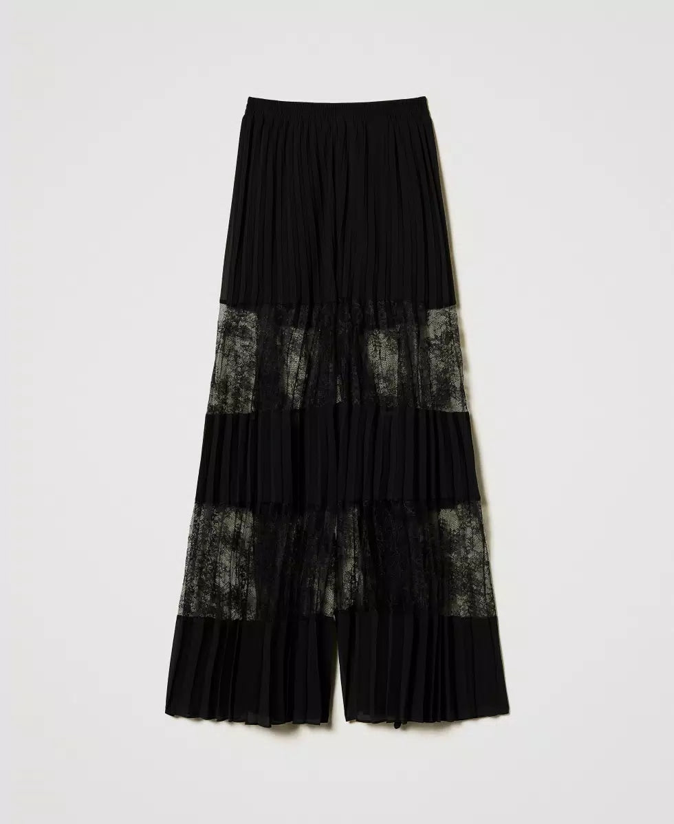 Pleated georgette trousers with lace