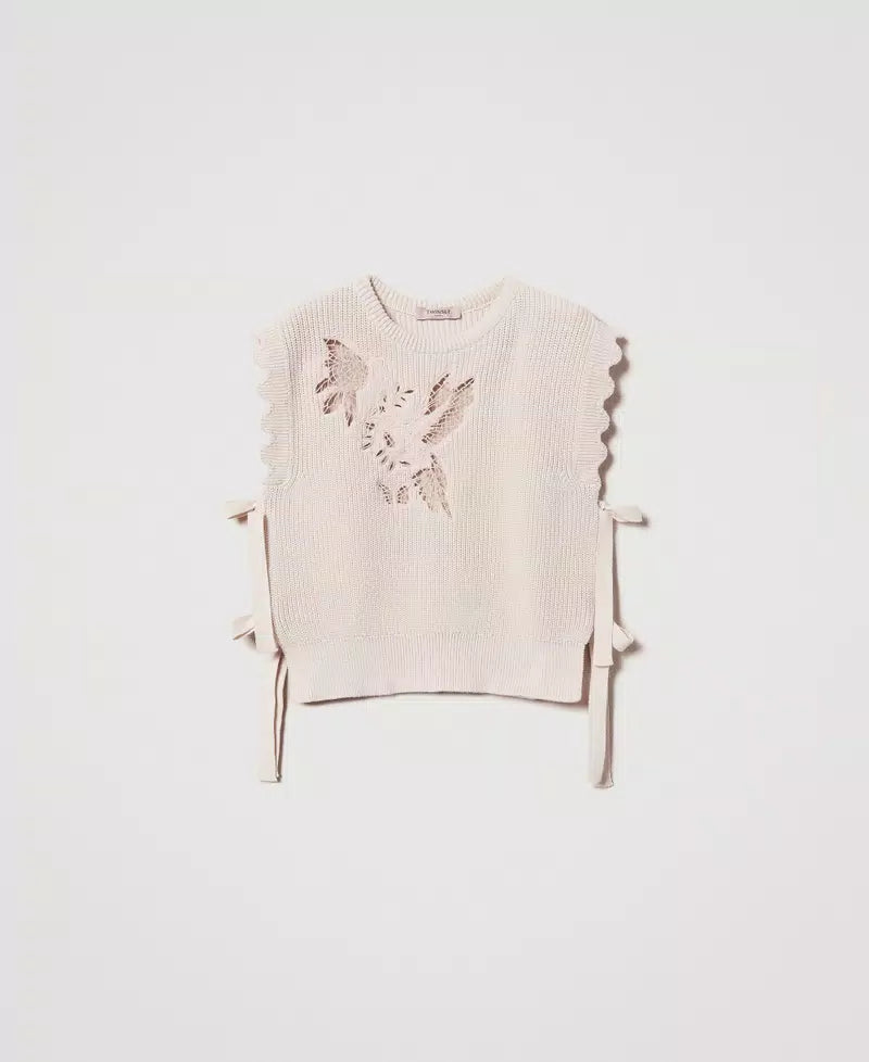 Knit top with embroidery and laces