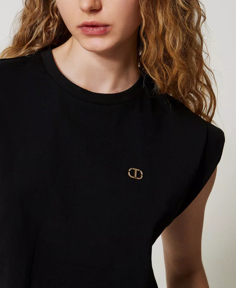 Cropped t-shirt with a rhinestone Oval T logo
