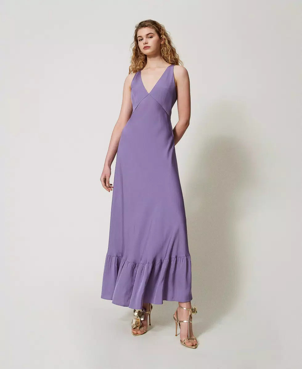Long satin crepe dress with flounce