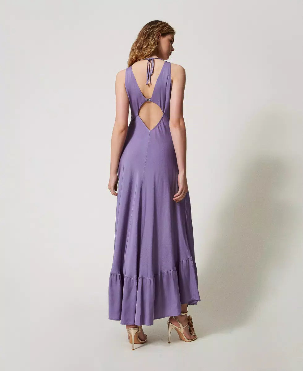 Long satin crepe dress with flounce