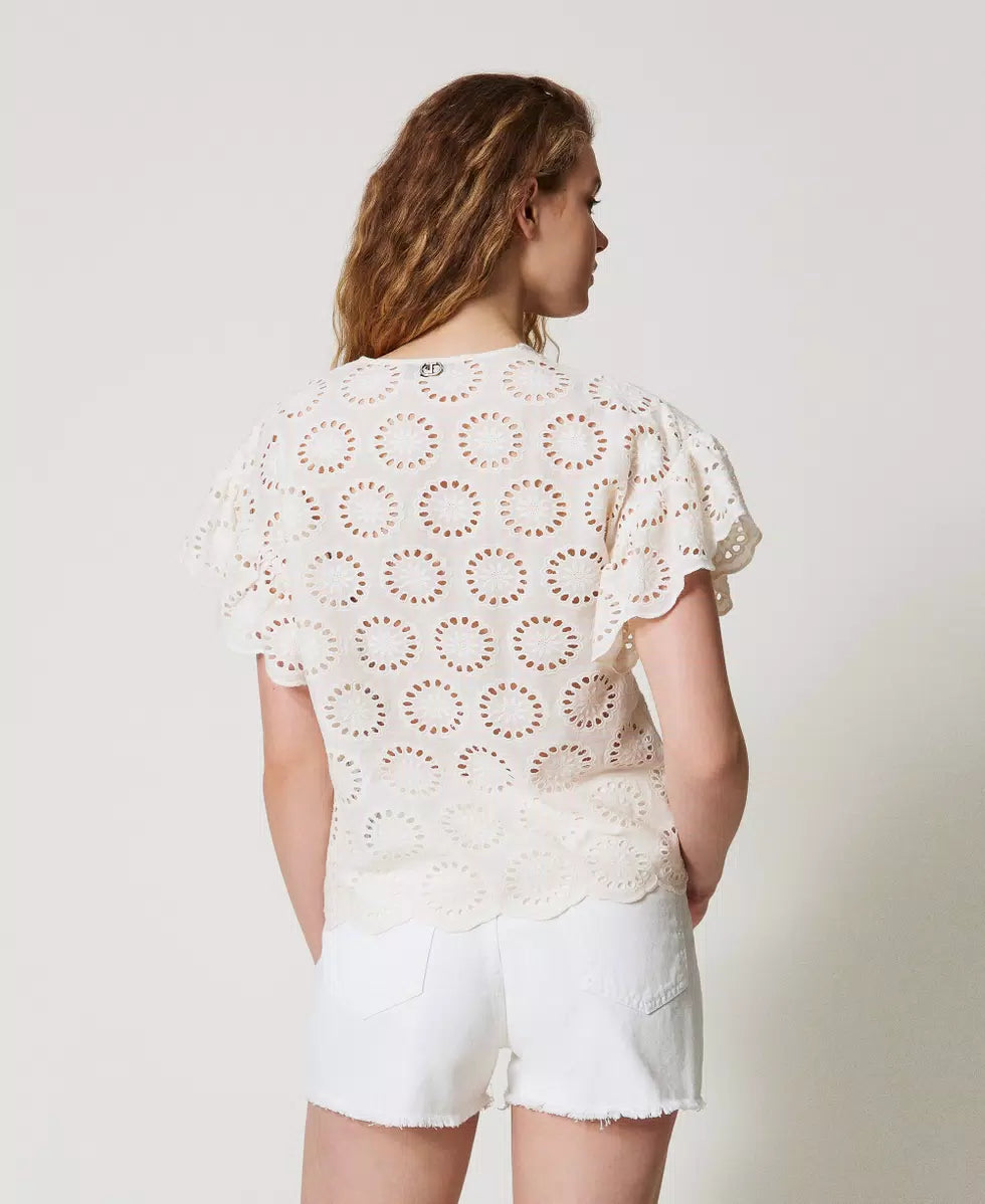 Broderie anglaise blouse with cap sleeves