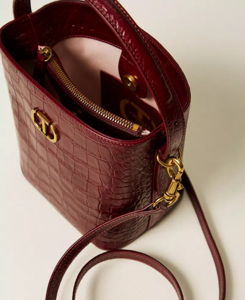 Crocodile print leather bucket bag