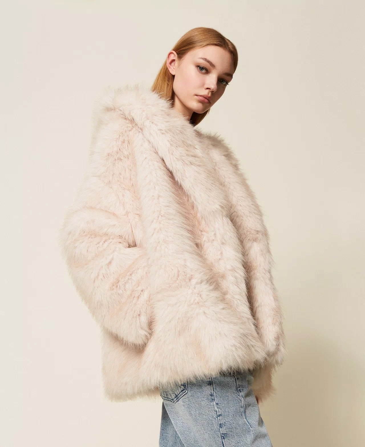 Faux fur pea coat with hood