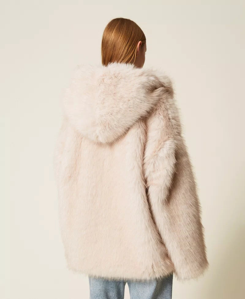 Faux fur pea coat with hood