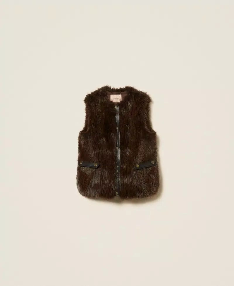 Sleeveless faux fur coat with buttons