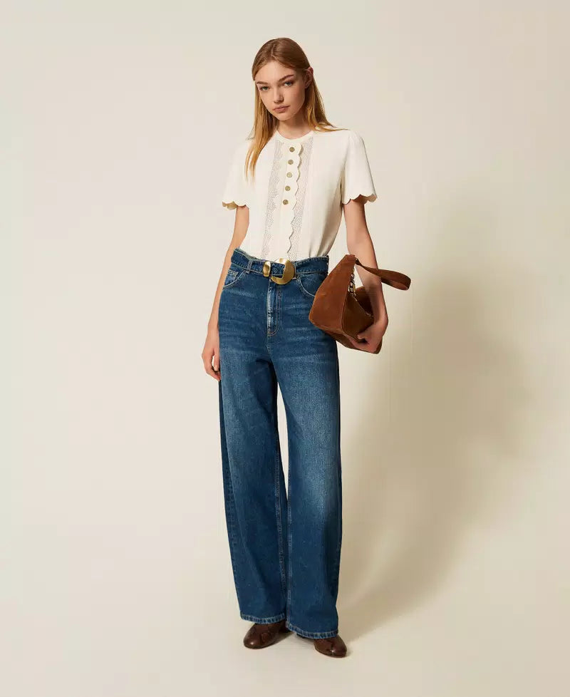 Scalloped sweater with Oval T buttons