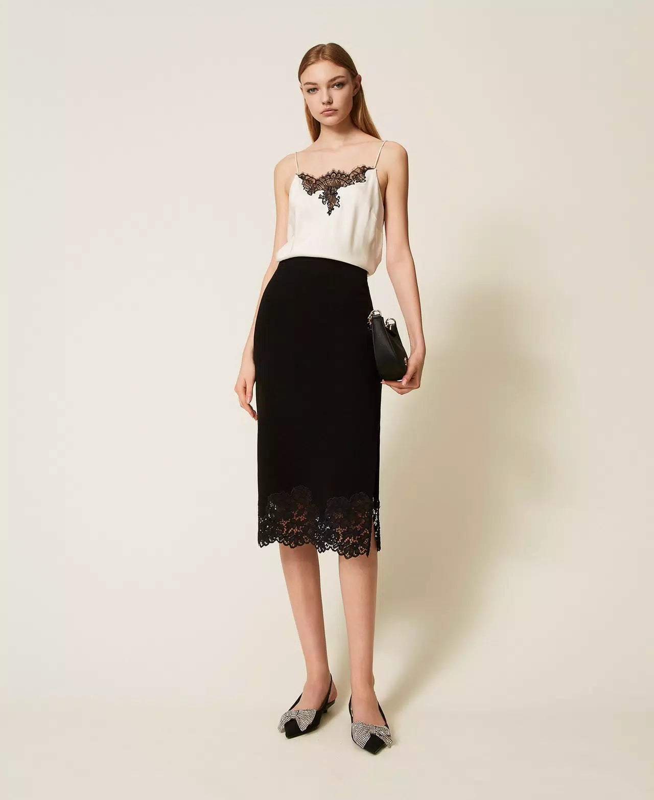 Knit midi skirt with lace