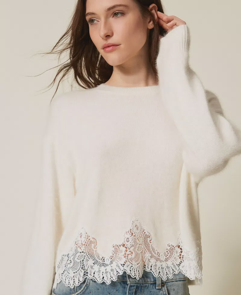 Angora jumper with embroidery and lace