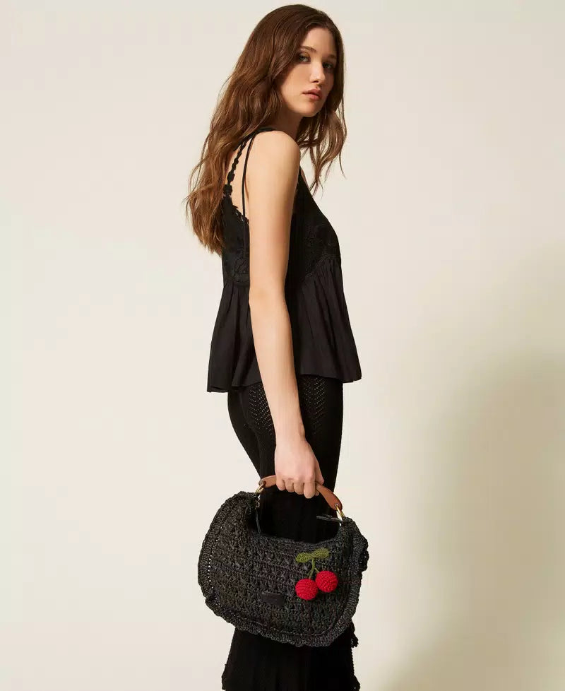 Crochet raffia Croissant bag with cherries