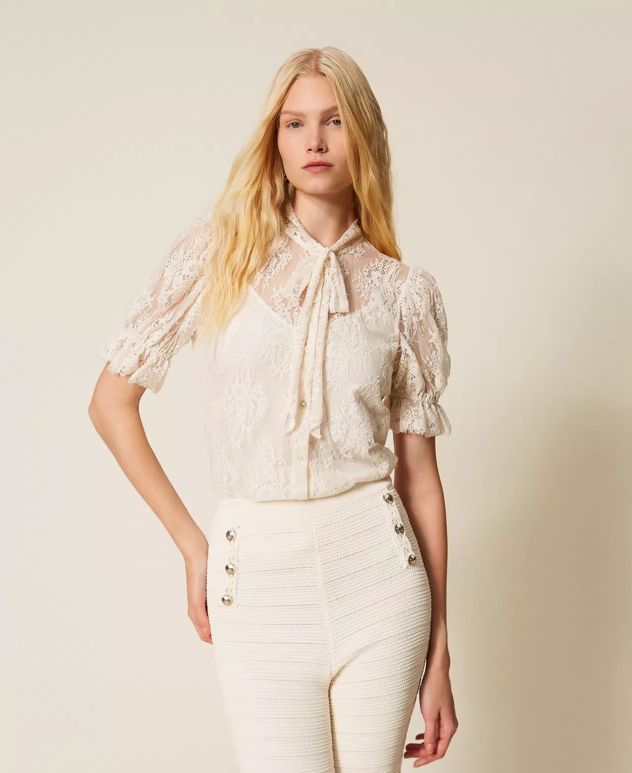 White lace shirt with bow