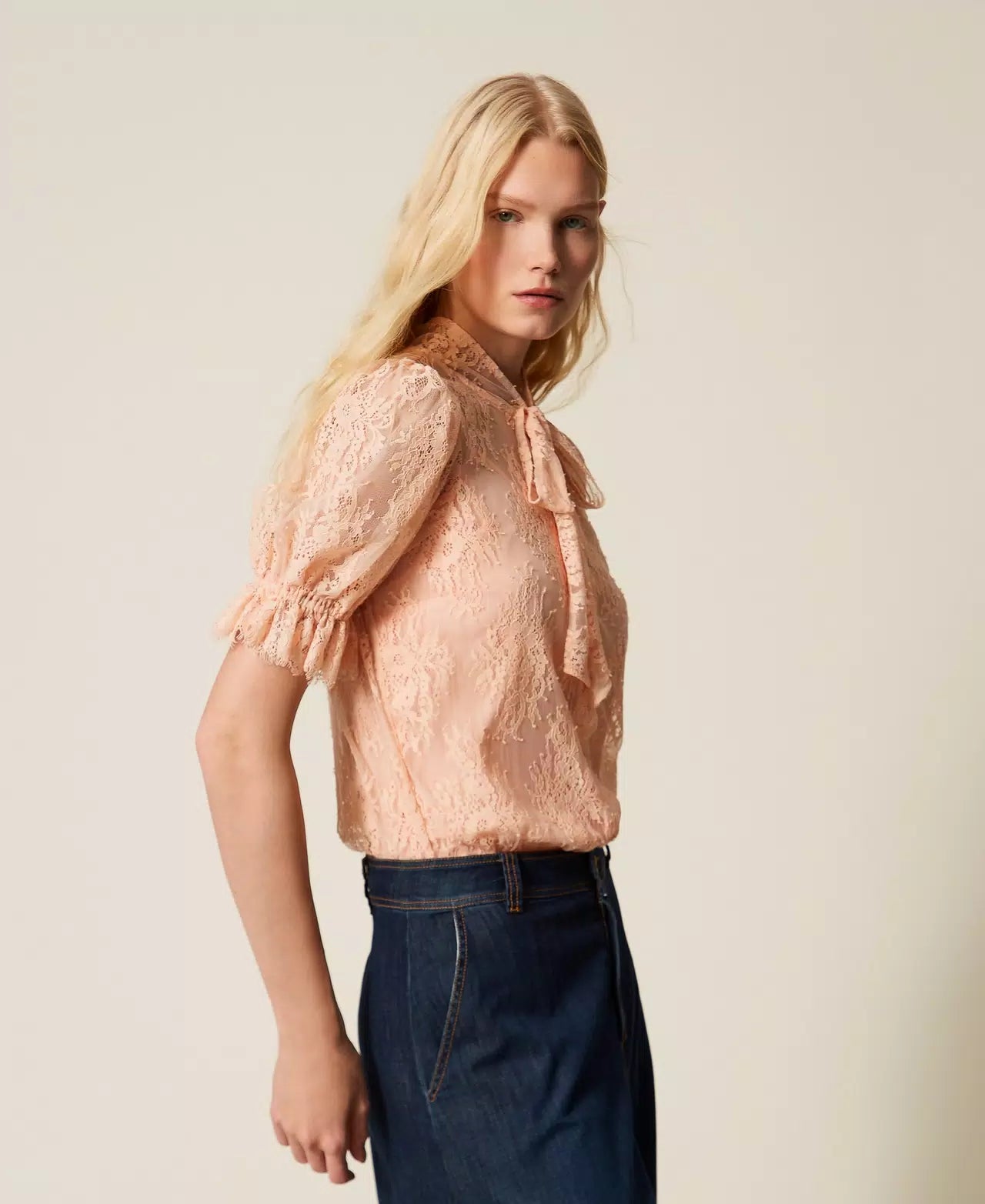 Peach lace shirt with bow