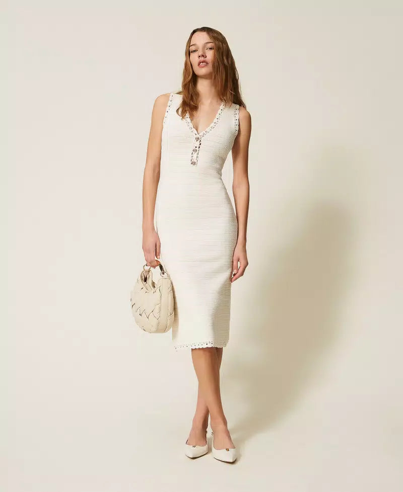 Long knit dress with crochet detail