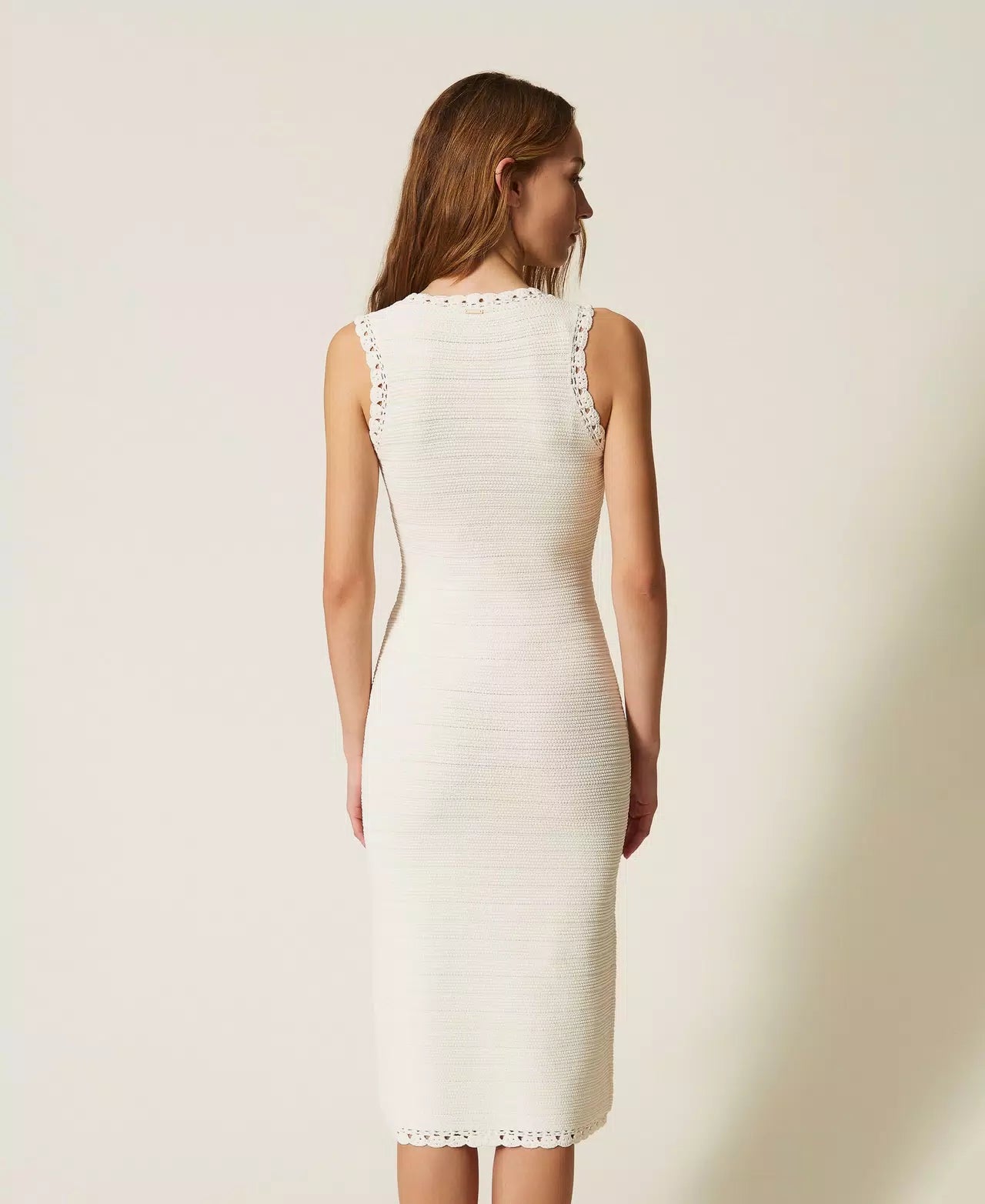 Long knit dress with crochet detail