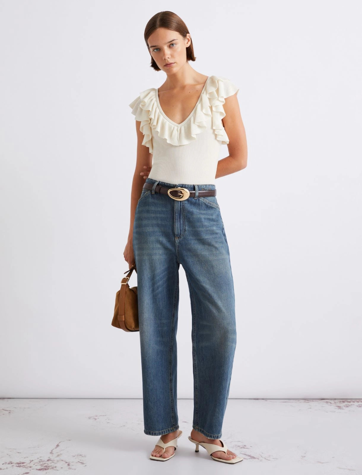 Ruffled fine rib-knit top