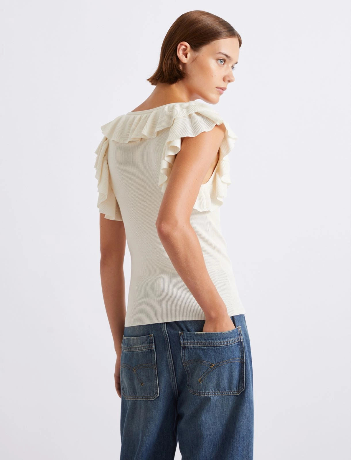 Ruffled fine rib-knit top