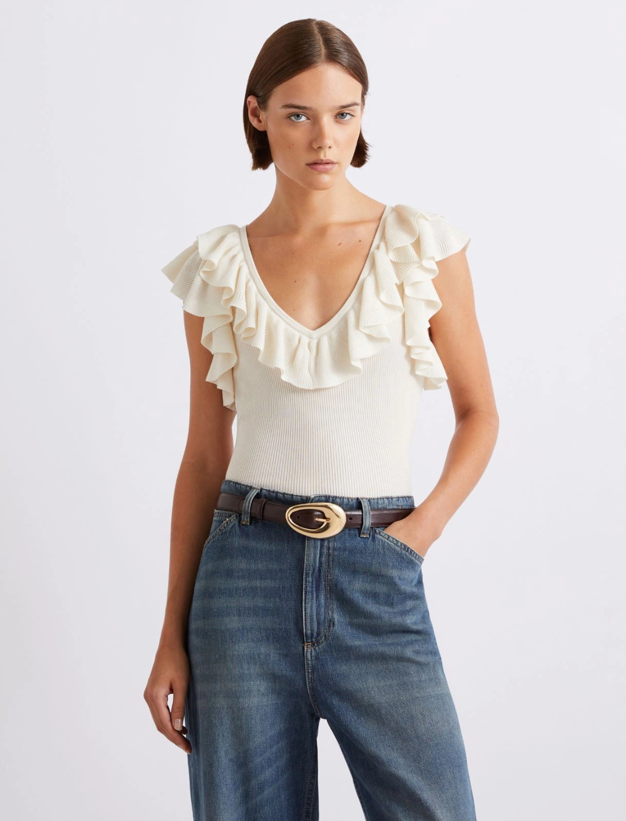 Ruffled fine rib-knit top