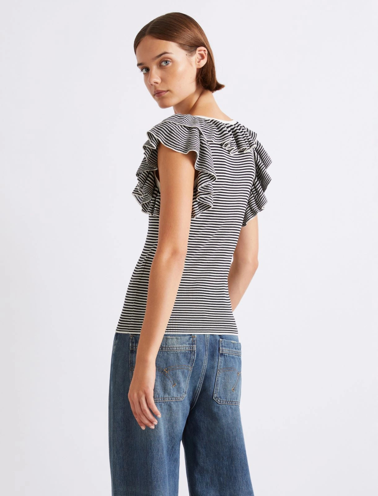 Ruffled fine rib-knit top