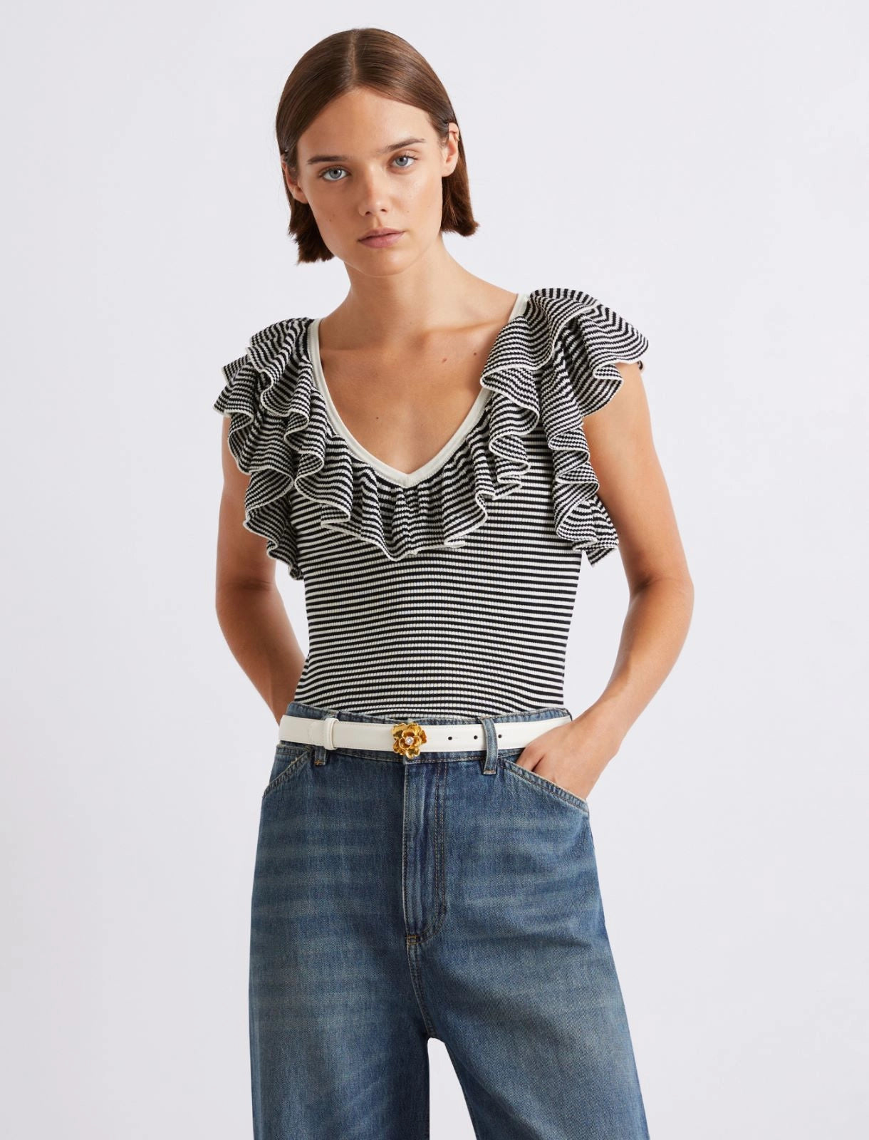Ruffled fine rib-knit top