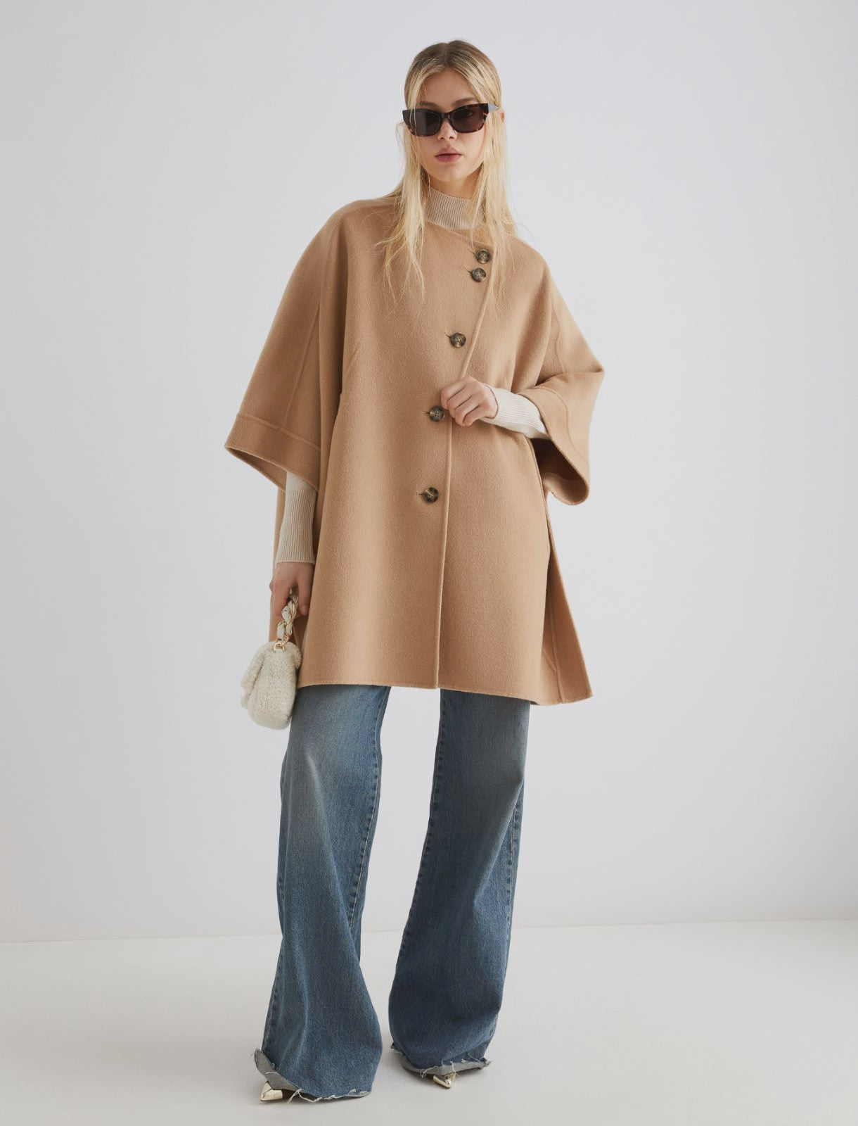 Button-up wool-blend cape