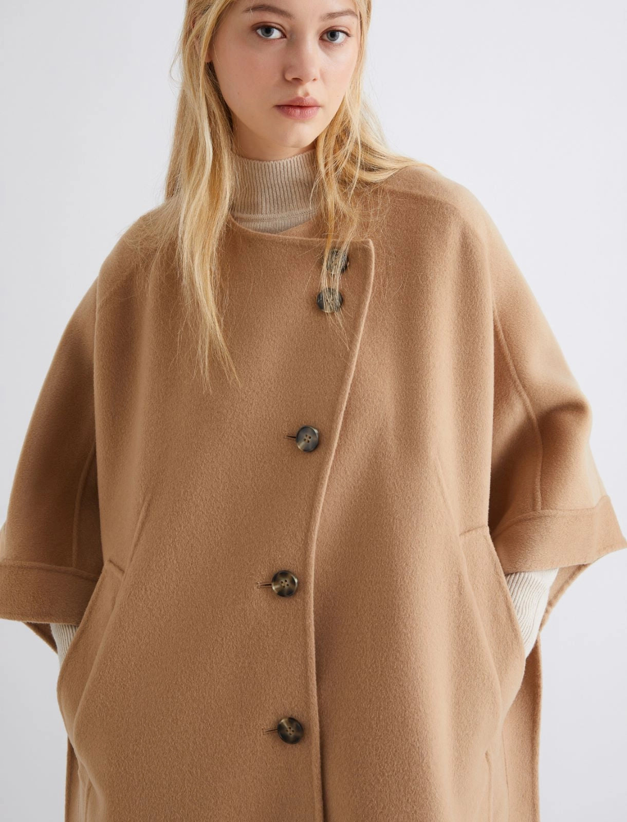 Button-up wool-blend cape