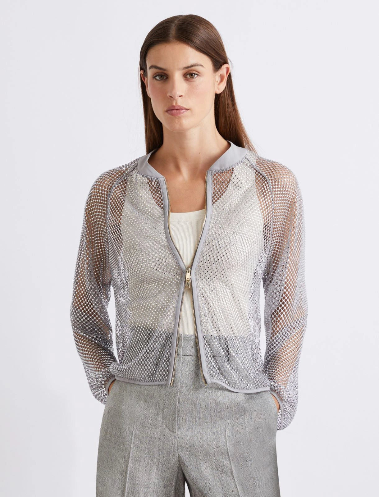 Rhinestone mesh blouson jacket