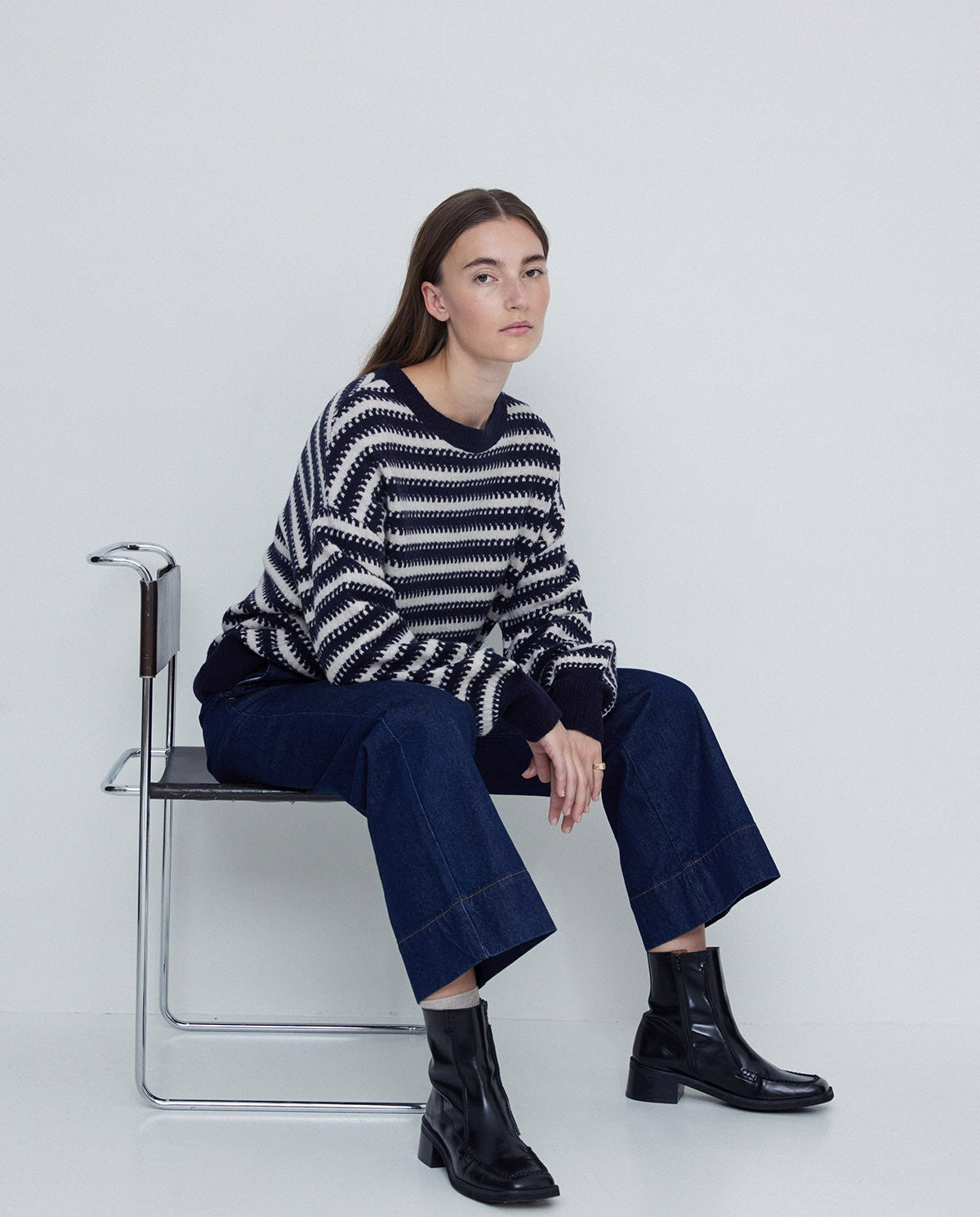 Striped Print Wool Sweater Navy