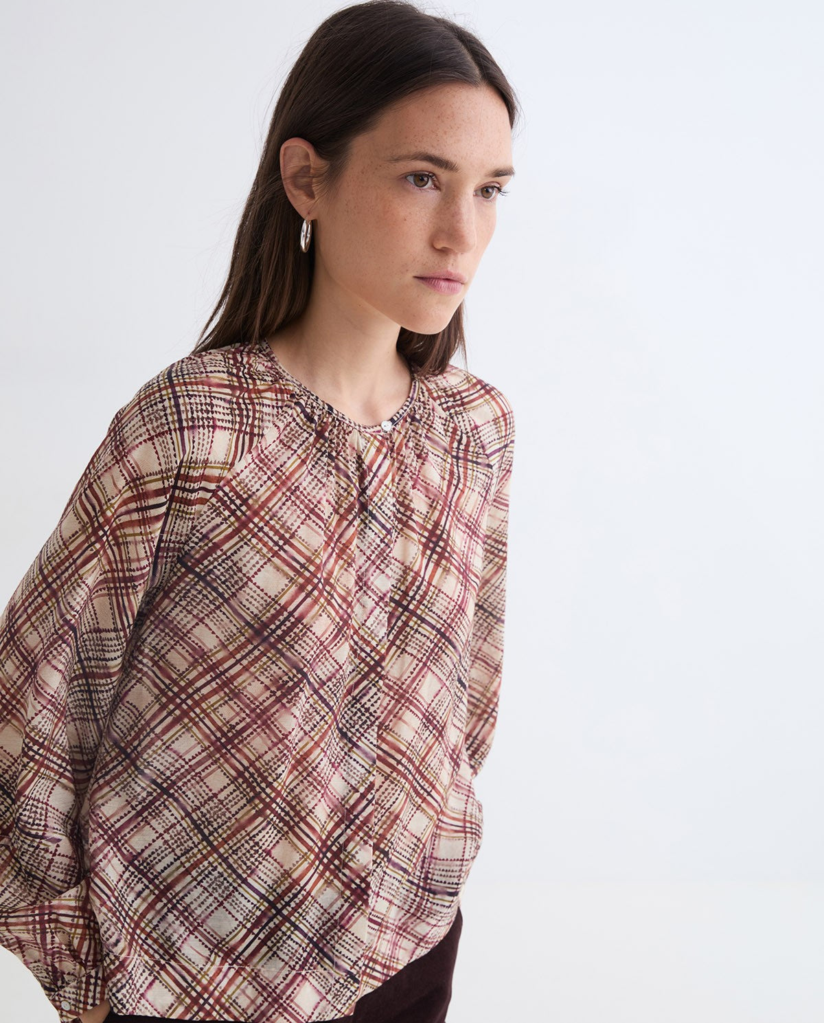 Ecru plaid gauze blouse