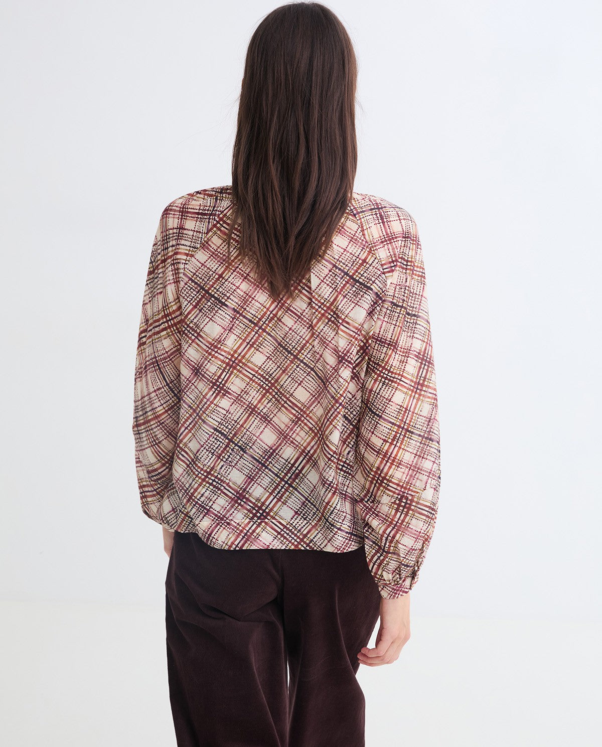 Ecru plaid gauze blouse