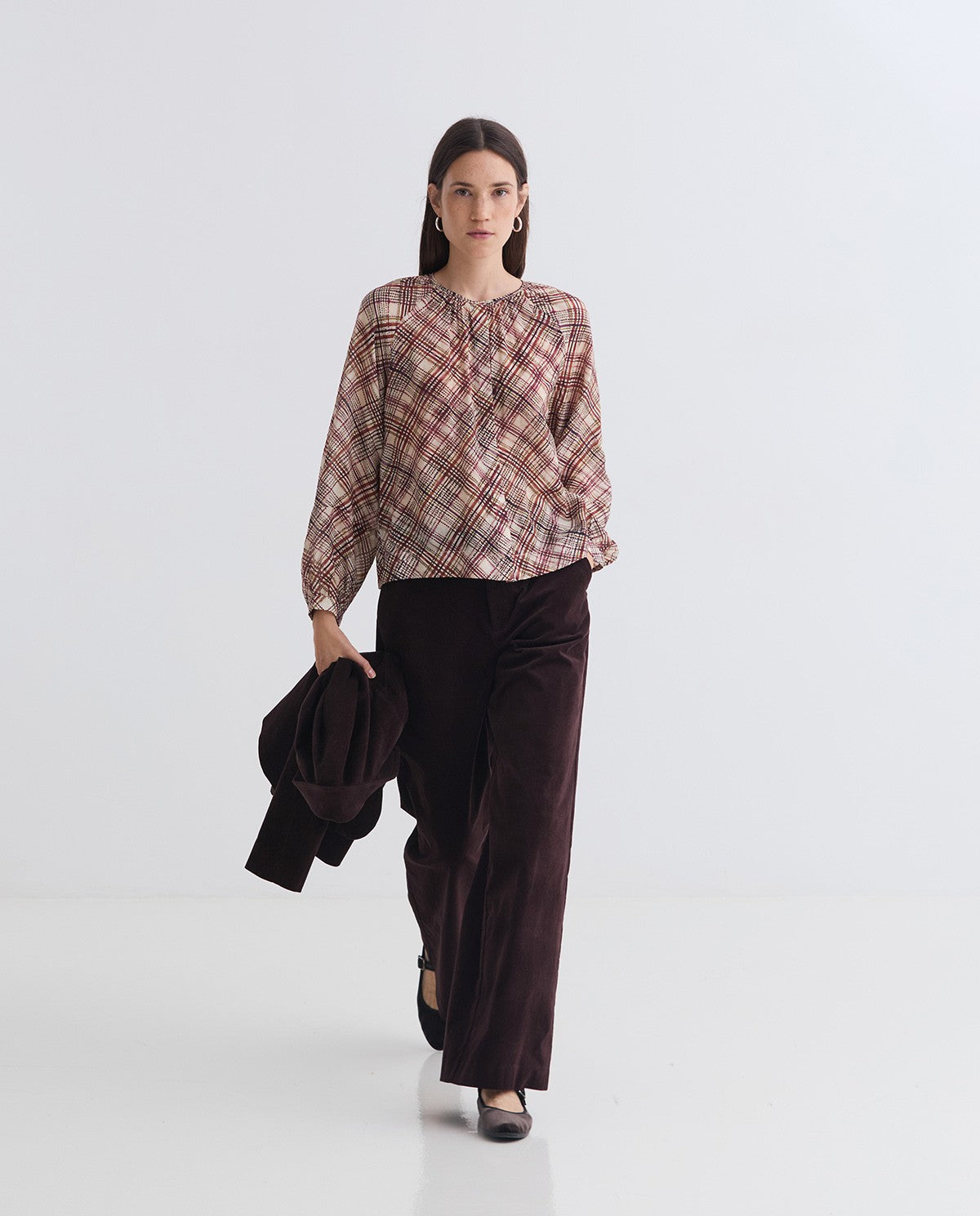 Ecru plaid gauze blouse