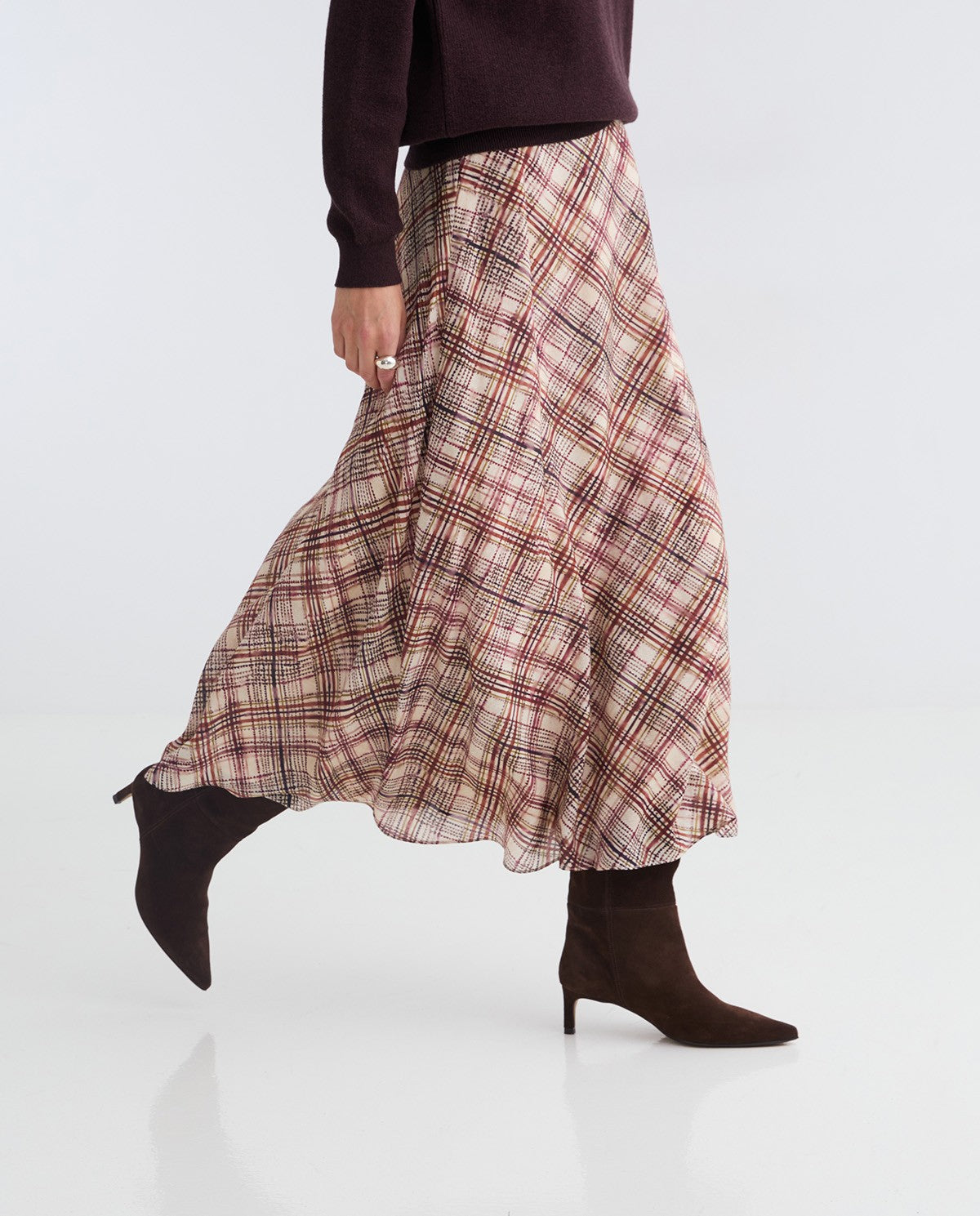 Ecru plaid viscose midi skirt