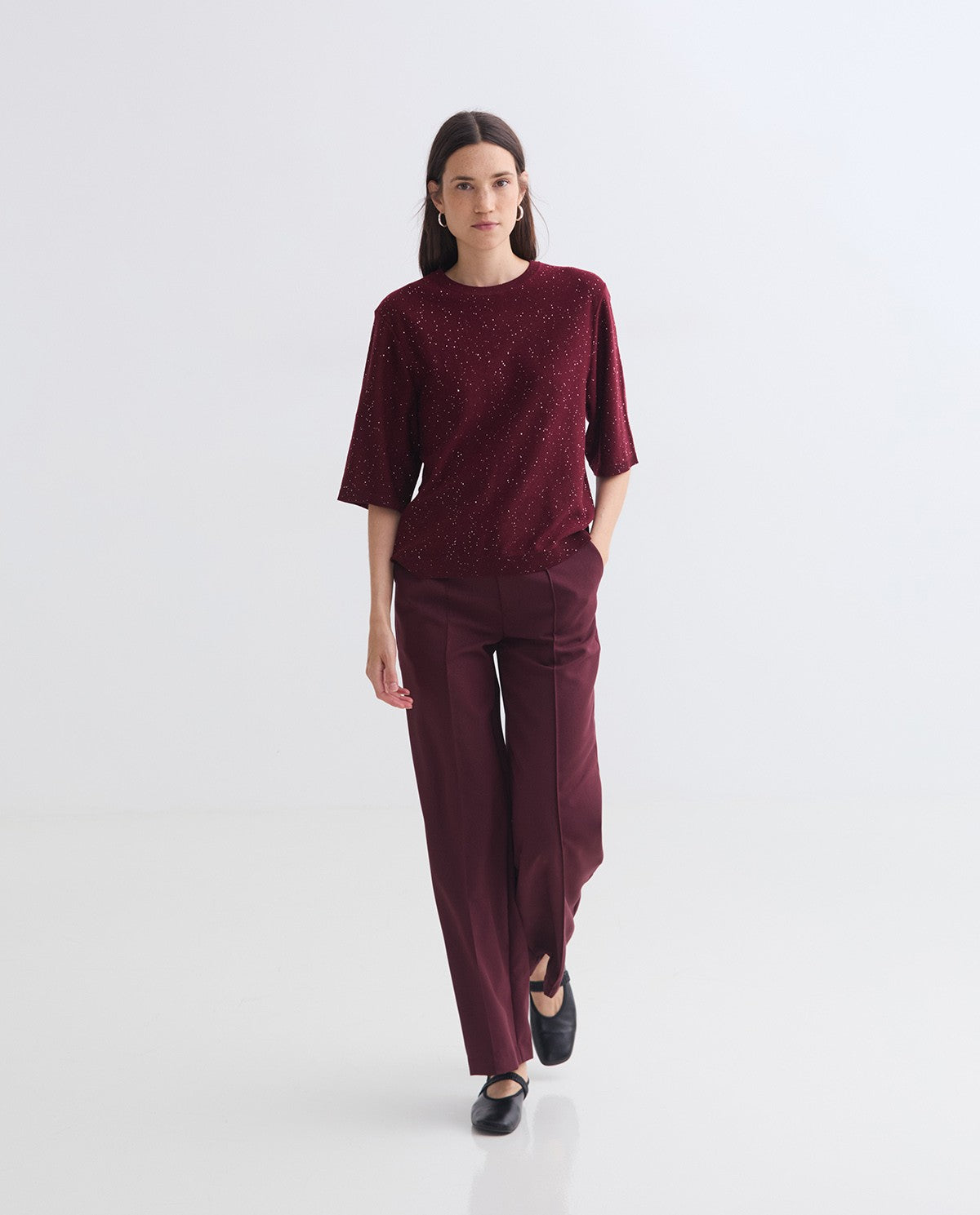 Maroon French-sleeve sweater sequins
