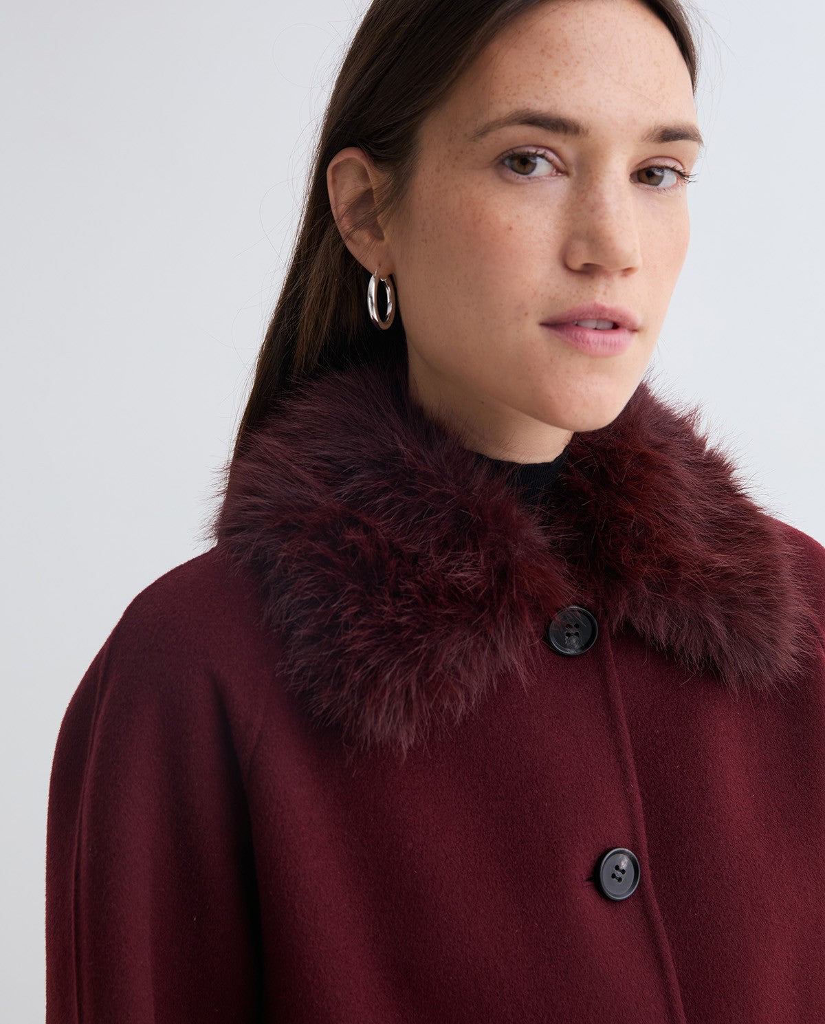Handmade wool coat fur collar burgundy