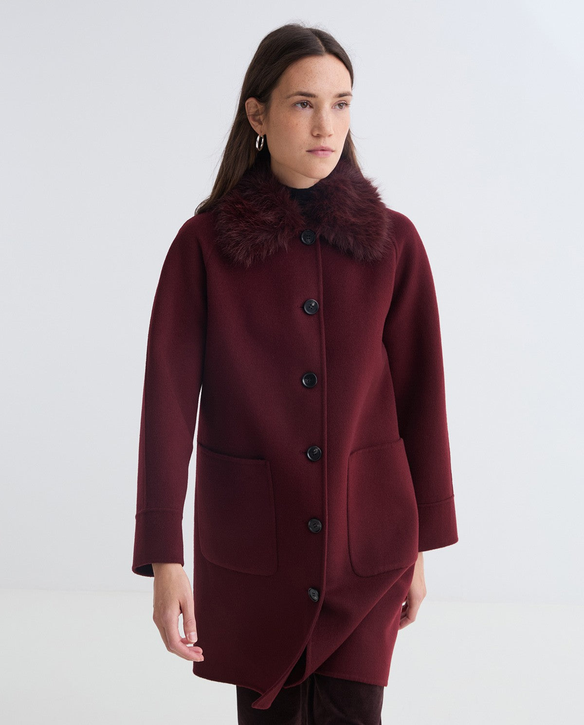 Handmade wool coat fur collar burgundy