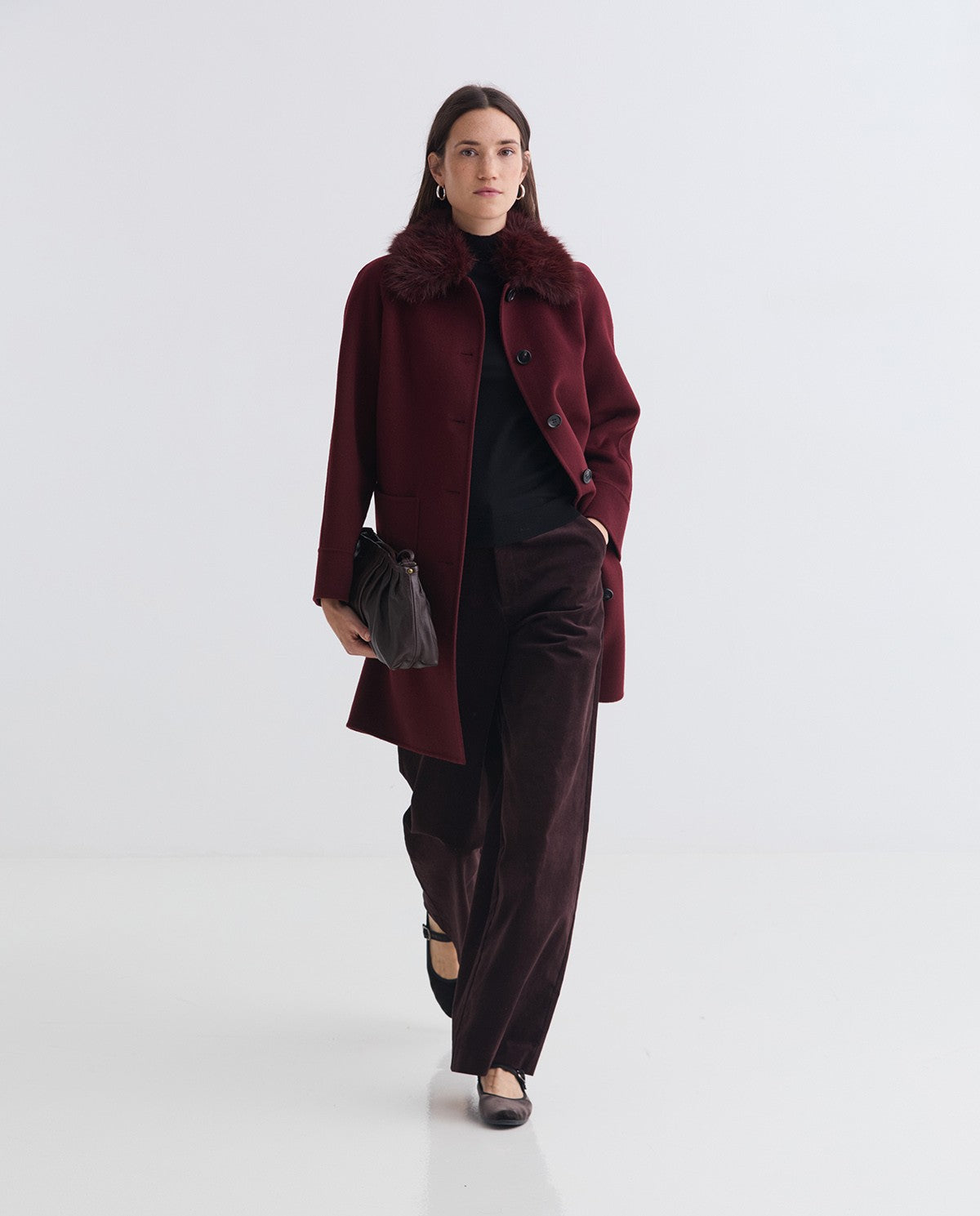 Handmade wool coat fur collar burgundy
