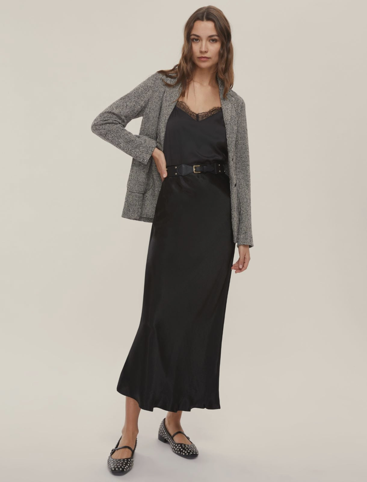 Crinkle black satin skirt