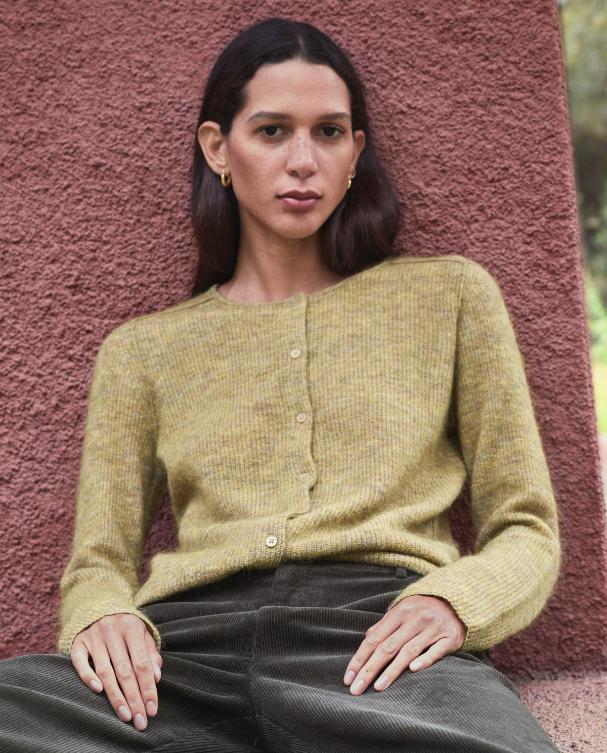 Olive-green alpaca-blend fisherman’s-rib cardigan